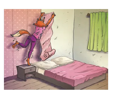 Chama pose du papier peint Chama, une renarde, colle du papier peint rose au mur d'une chambre à côté d'un lit — exercice de maths en CM2 sur les longueurs et l'échelle