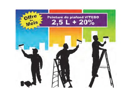 Affiche promotion peinture de plafond Affiche Offre du Mois : peinture de plafond VITEBO 2,5 L + 20 %, avec trois peintres en silhouette — exercice de maths en CM2 sur les pourcentages