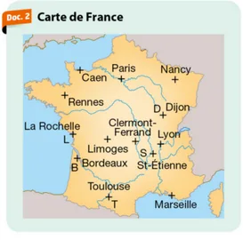 Carte de France avec les villes Carte de France avec les villes Caen, Paris, Nancy, Rennes, Dijon, Lyon, Limoges, Bordeaux, Toulouse, Marseille — exercice de maths en 6ème sur segments, droites et constructions