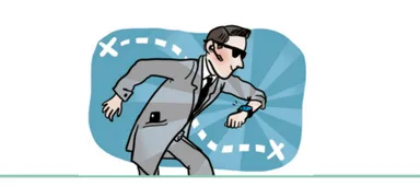 Agent secret Agent secret en costume et lunettes de soleil regardant sa montre avec un chemin en pointillés — exercice de maths en 6ème sur segments, droites et constructions