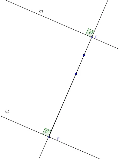 Droites d1 et d2 perpendiculaires Deux droites d1 et d2 perpendiculaires à une même droite en E et F, avec deux points entre eux — exercice de maths en 6ème sur les droites et les constructions