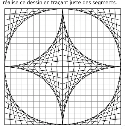 Dessin en segments sur quadrillage Carré quadrillé de 20 carreaux de côté avec un cercle et une étoile à quatre branches obtenus par segments — exercice de maths en 6ème sur les droites et les constructions