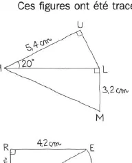 Triangle à main levée LMU Triangle LMU avec angle de 20 degrés, côtés 5,4 cm et 3,2 cm et angles droits — exercice de maths en 6ème sur les droites et les constructions