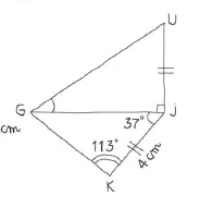 Triangle à main levée GJK Triangle GJK avec angles 37 degrés et 113 degrés, côté 4 cm et codages d’égalité — exercice de maths en 6ème sur les droites et les constructions
