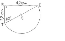 Demi-cercle et triangle RET Figure avec segment RE de 4,2 cm, demi-cercle, angle de 60 degrés et côté de 2,8 cm — exercice de maths en 6ème sur les droites et les constructions