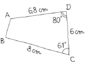 Quadrilatère ABCD à main levée Quadrilatère ABCD avec côtés 6,8 cm, 6 cm, 8 cm et angles 80 et 61 degrés — exercice de maths en 6ème sur les droites et les constructions