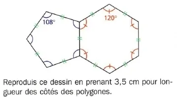 Pentagone et hexagone accolés Un pentagone de 108 degrés accolé à un hexagone de 120 degrés avec côtés codés égaux — exercice de maths en 6ème sur les droites et les constructions