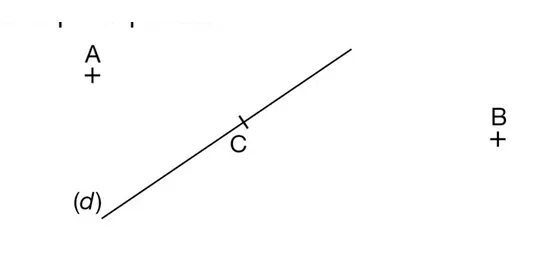 Droite (d) et points A, B, C Droite oblique (d) passant par le point C avec les points A et B de part et d’autre — exercice de maths en 6ème sur segments, droites et constructions