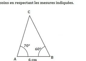Triangle ABC à construire Triangle ABC avec AB = 6 cm, angle en A de 70 degrés et angle en B de 60 degrés — exercice de maths en 6ème sur les droites et les constructions