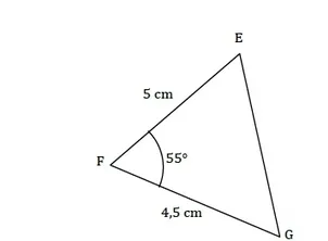 Triangle EFG à construire Triangle EFG avec FE = 5 cm, FG = 4,5 cm et angle en F de 55 degrés — exercice de maths en 6ème sur les droites et les constructions