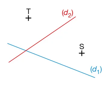 Droites d1, d2 et points S, T Droites sécantes d1 bleue et d2 rouge avec les points S et T à placer — exercice de maths en 6ème sur segments, droites et constructions