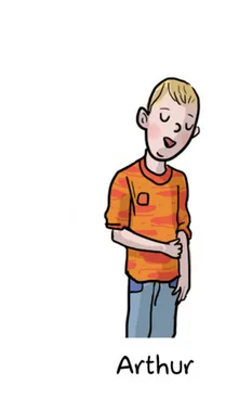 Arthur Arthur, garçon blond avec un pull orange, les yeux fermés — exercice de maths en 6ème sur segments, droites et constructions