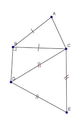Figure à main levée A B C D E Figure à main levée avec les points A, B, C, D, E, un angle droit en B et des segments de même longueur codés — exercice de maths en 6ème sur les constructions de figures