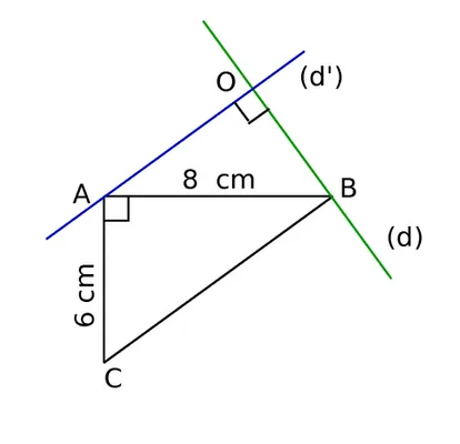 Triangle ABC et droites d et d’ Triangle ABC rectangle en A avec AB = 8 cm, AC = 6 cm, droites (d) et (d’) se coupant en O — exercice de maths en 6ème sur les programmes de construction