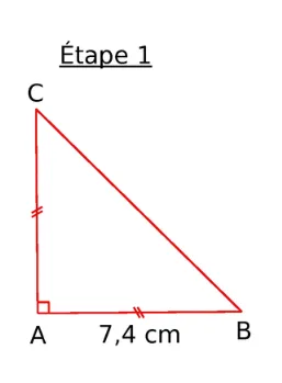 Étape 1 triangle ABC rectangle Étape 1 : triangle ABC rectangle en A avec AB = 7,4 cm et AC = AB — exercice de maths en 6ème sur les programmes de construction