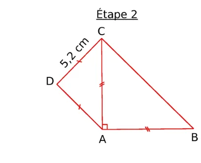 Étape 2 point D ajouté Étape 2 : triangle ABC avec le point D tel que AD = CD et CD = 5,2 cm — exercice de maths en 6ème sur les programmes de construction