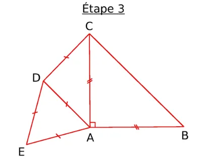 Étape 3 point E ajouté Étape 3 : triangles ABC, ACD et ADE rectangles ou isocèles avec segments égaux codés — exercice de maths en 6ème sur les programmes de construction