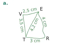 Quadrilatère VETR à reproduire Quadrilatère VETR tracé à main levée en vert avec les longueurs de ses côtés indiquées — exercice de maths en 6ème sur les polygones et les constructions