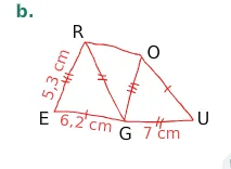 Figure REGOU à reproduire Figure rouge formée des triangles REG, ROG et GOU avec des côtés de même longueur codés — exercice de maths en 6ème sur les polygones et les constructions