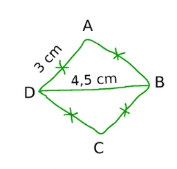 Quadrilatère ABCD vert Quadrilatère ABCD vert à main levée avec DA = 3 cm, DB = 4,5 cm et côtés égaux codés — exercice de maths en 6ème sur la nature des quadrilatères