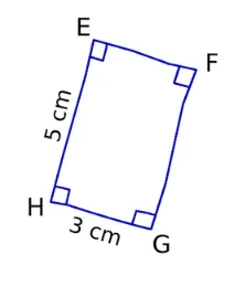 Quadrilatère EFGH bleu Quadrilatère EFGH bleu à angles droits avec EH = 5 cm et HG = 3 cm — exercice de maths en 6ème sur la nature des quadrilatères