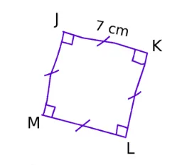 Quadrilatère JKLM violet Quadrilatère JKLM violet à angles droits avec JK = 7 cm et côtés égaux codés — exercice de maths en 6ème sur la nature des quadrilatères