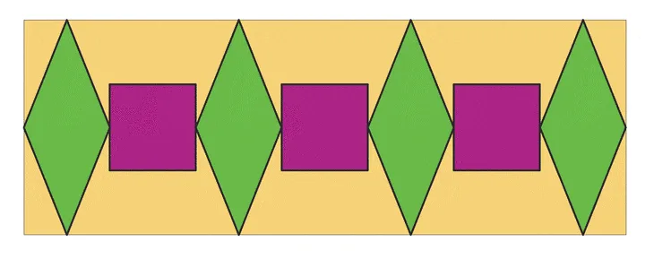 Frise de losanges et carrés Frise de losanges verts et de carrés violets alternés sur fond jaune — exercice de maths en 6ème sur les aires et périmètres