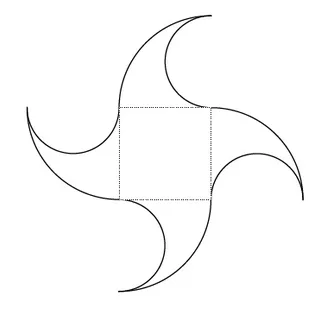 Figure en moulinet autour d’un carré Figure à quatre branches courbes formée de demi-cercles et quarts de cercle autour d’un carré pointillé de 6 cm — exercice de maths en 6ème sur le périmètre du cercle
