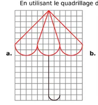 Parapluie rouge sur quadrillage Parapluie rouge dessiné sur un quadrillage, formé d'arcs de cercle — exercice de maths en 6ème sur le cercle