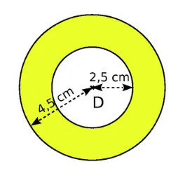 Couronne jaune de centre D Couronne jaune autour du point D délimitée par deux cercles de rayons 2,5 cm et 4,5 cm — exercice de maths en 6ème sur le cercle