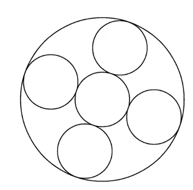 Grand cercle et cinq petits cercles Grand cercle contenant cinq cercles plus petits tangents entre eux et au grand cercle — exercice de maths en 6ème sur le cercle