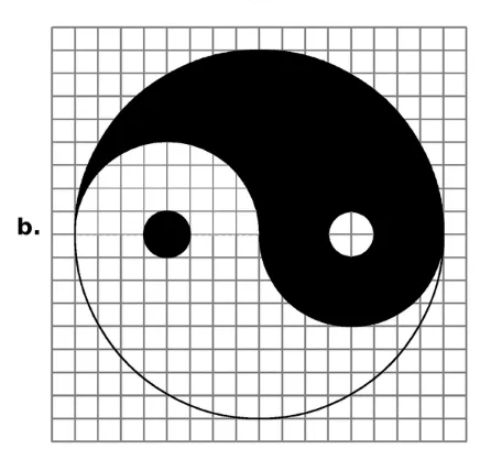 Yin et yang sur quadrillage Symbole yin et yang noir et blanc formé de cercles sur un quadrillage — exercice de maths en 6ème sur le cercle