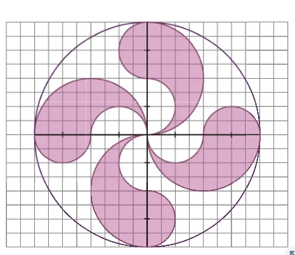Rosace à quatre branches dans un cercle Rosace violette à quatre branches courbes dans un grand cercle sur quadrillage, avec deux axes — exercice de maths en 6ème sur le cercle
