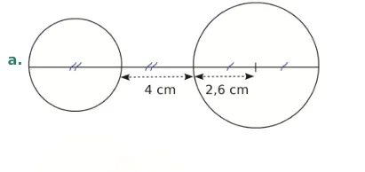 Figure a deux cercles alignés Figure a : deux cercles alignés séparés de 4 cm, rayon du second 2,6 cm — exercice de maths en 6ème sur le cercle
