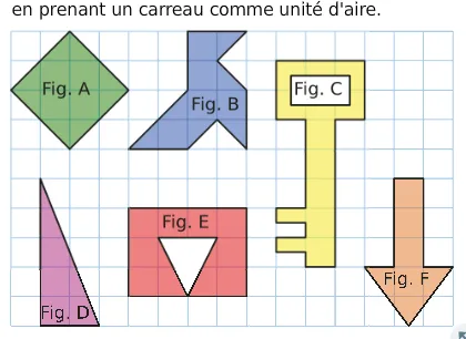 Figures A à F sur quadrillage Six figures A à F sur quadrillage : losange, polygone, clé, triangle, rectangle à trou triangulaire et flèche — exercice de maths en 6ème sur les aires et périmètres avec unité carreau