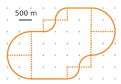 Parcours à l'échelle 500 m Parcours orange fermé formé de demi-cercles et de segments sur points, échelle 500 m — exercice de maths en 6ème sur la longueur d'un parcours