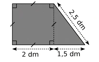 Plaque métallique carré et triangle Plaque métallique grise : carré de 2 dm accolé à un triangle rectangle de base 1,5 dm et hypoténuse 2,5 dm — exercice de maths en 6ème sur les aires et périmètres