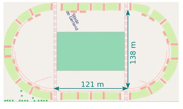 Plan du stade Gerland Plan du stade Gerland de Lyon avec terrain rectangulaire de 121 m sur 138 m et deux demi-cercles — exercice de maths en 6ème sur le périmètre