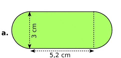 Rectangle et deux demi-cercles Stade vert formé d'un rectangle de 5,2 cm sur 3 cm et de deux demi-cercles — exercice de maths en 6ème sur le périmètre
