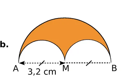 Surface orange entre demi-cercles Surface orange entre un grand demi-cercle AB et deux petits demi-cercles de diamètre 3,2 cm, point M milieu — exercice de maths en 6ème sur les aires et périmètres