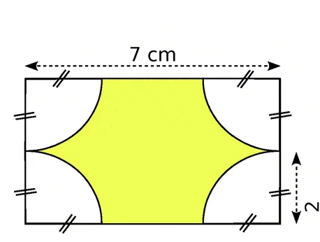 Rectangle avec quarts de disque jaune Rectangle de 7 cm sur 2 cm dont quatre coins sont des quarts de disque retirés, partie jaune centrale — exercice de maths en 6ème sur le périmètre