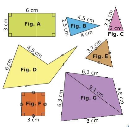Figures A à G avec longueurs Sept figures A à G : rectangle 6 cm sur 3 cm, triangles, polygone, carré de 3 cm et quadrilatère de diagonale 9,1 cm — exercice de maths en 6ème sur les aires et périmètres