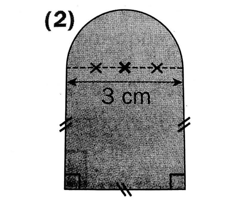 Figure 2 rectangle et demi-disque Figure 2 : rectangle de 3 cm de large surmonté d'un demi-disque, côtés codés — exercice de maths en 6ème sur périmètres et aires