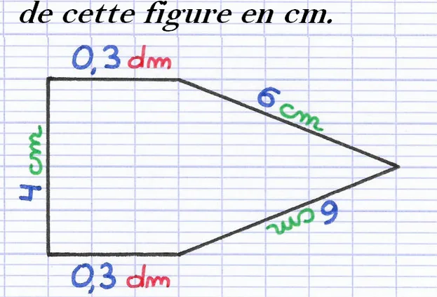 Pentagone aux côtés codés Pentagone dessiné à la main avec côtés 0,3 dm, 4 cm, 0,3 dm et deux côtés de 6 cm — exercice de maths en 6ème sur le périmètre et les conversions de longueurs