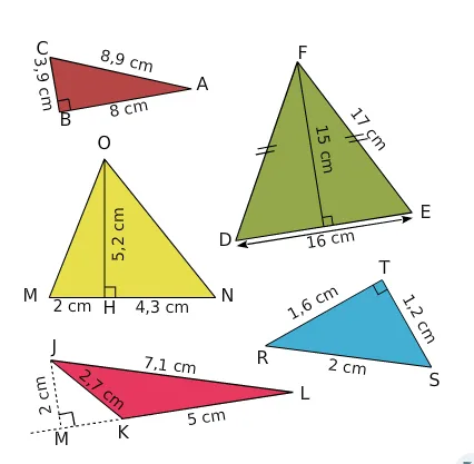 Cinq triangles avec hauteurs Cinq triangles ABC, DEF, MNO, JKL et RST avec leurs hauteurs et longueurs en cm — exercice de maths en 6ème sur l'aire d'un triangle