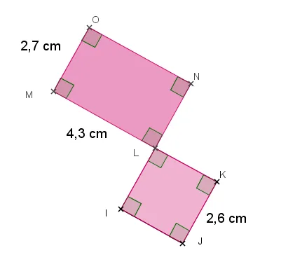 Rectangle et carré roses accolés Rectangle LMNO de côtés 2,7 cm et 4,3 cm accolé au carré IJKL de côté 2,6 cm — exercice de maths en 6ème sur l'aire et le périmètre de figures composées
