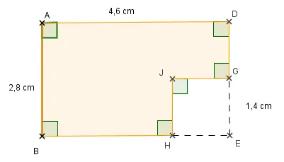 Zone orange rectangle moins carré Rectangle ADEB avec AD = 4,6 cm, AB = 2,8 cm et carré HEGJ de côté 1,4 cm retiré — exercice de maths en 6ème sur le périmètre et l'aire de la zone orange