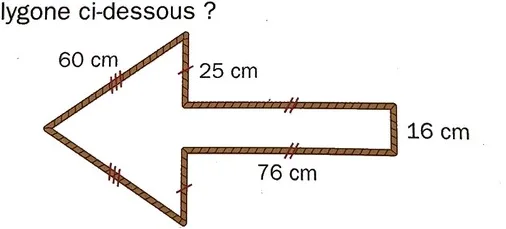 Flèche en corde à mesurer Polygone en forme de flèche de corde avec côtés de 60 cm, 25 cm, 16 cm et 76 cm — exercice de maths en 6ème sur le périmètre d'un polygone