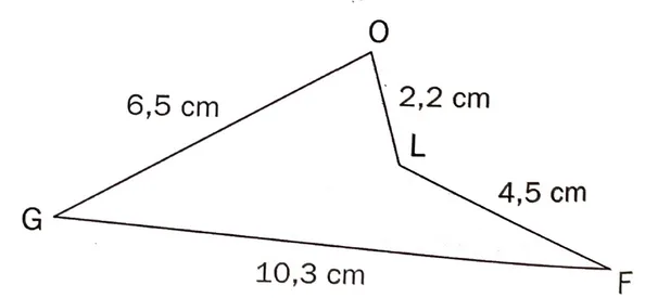 Quadrilatère GOLF Quadrilatère GOLF non convexe avec GO = 6,5 cm, OL = 2,2 cm, LF = 4,5 cm et GF = 10,3 cm — exercice de maths en 6ème sur le périmètre d'un quadrilatère