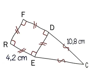 Carré et triangle accolés Carré FRED de côté 4,2 cm accolé au triangle CED avec CD = 10,8 cm — exercice de maths en 6ème sur le périmètre d'un carré et d'un triangle